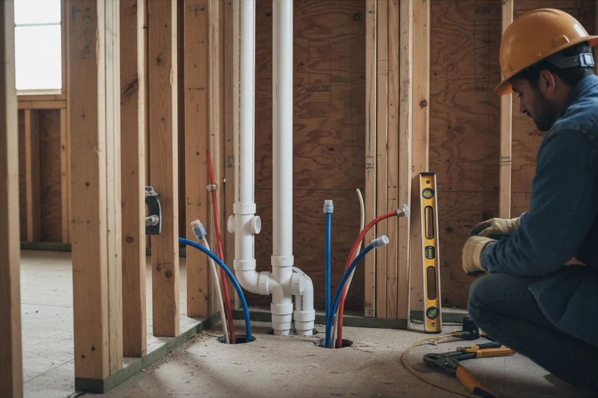 Drain and supply rough-in during Sump Pump Repair in Newtonsville