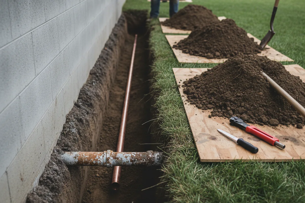 Excavated water line trench during Sewer Line Repair in Newtonsville